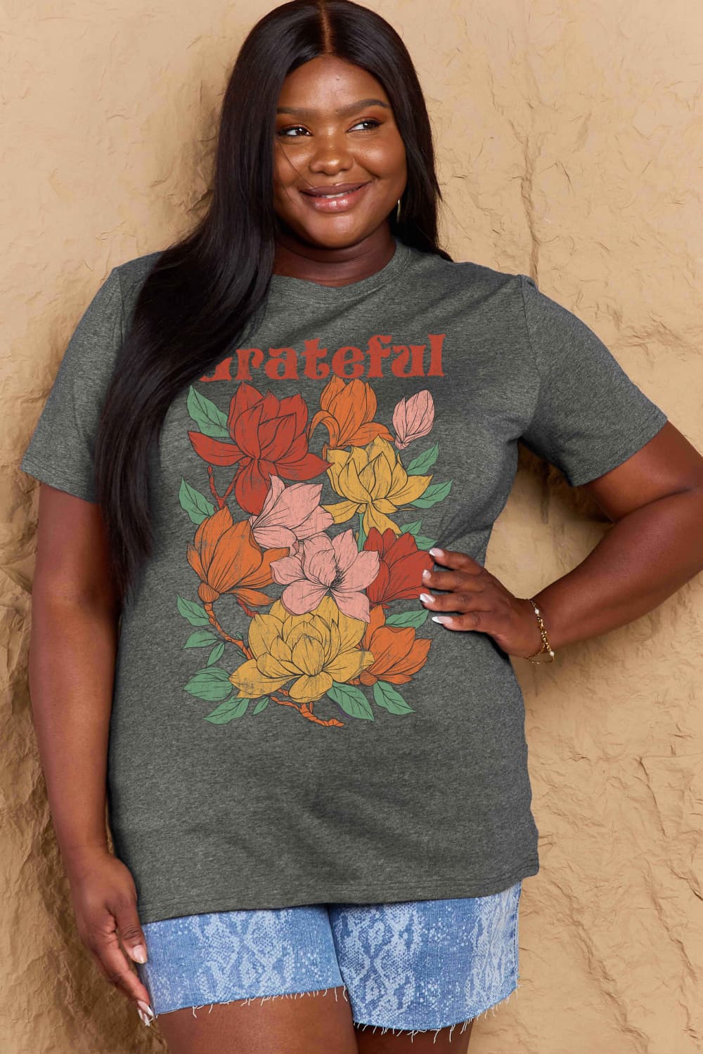 Simply Love Full Size GRATEFUL Flower Graphic Cotton T-Shirt-Jewearrings