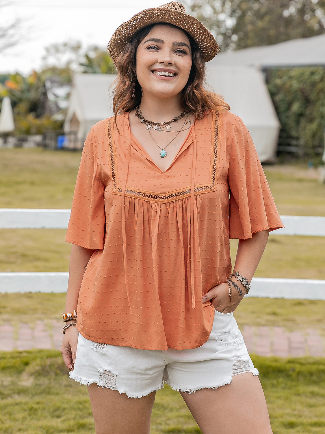 Plus Size Ruched Tie Neck Half Sleeve Blouse-Jewearrings