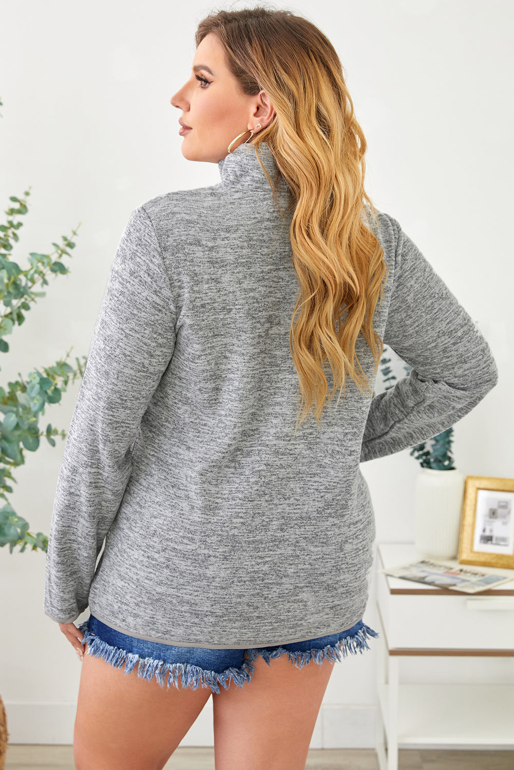 Plus Size Heathered Quarter Zip Pullover-Jewearrings