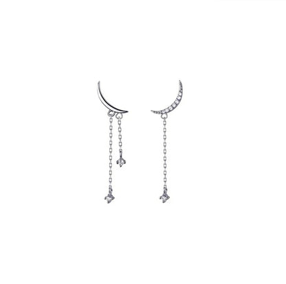 S925 Silver Moon Tassel With Diamonds Korean Asymmetric Earrings-Jewearrings