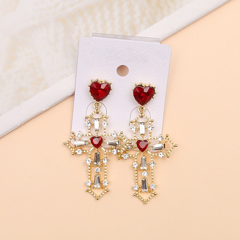 Golden cross earrings peach heart exaggerated earrings-Jewearrings