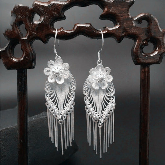 Flower tassel sterling silver earrings-Jewearrings