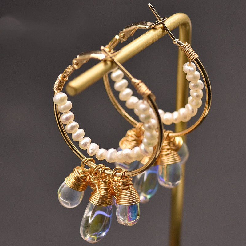 Pearl Czech crystal circle earrings-Jewearrings