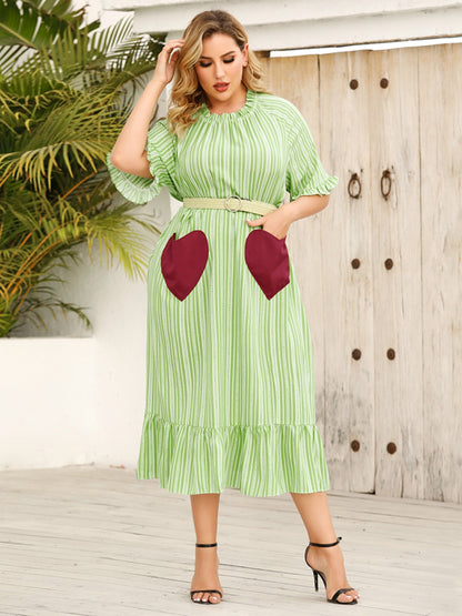 Plus Size Frill Heart Striped Half Sleeve Dress-Jewearrings