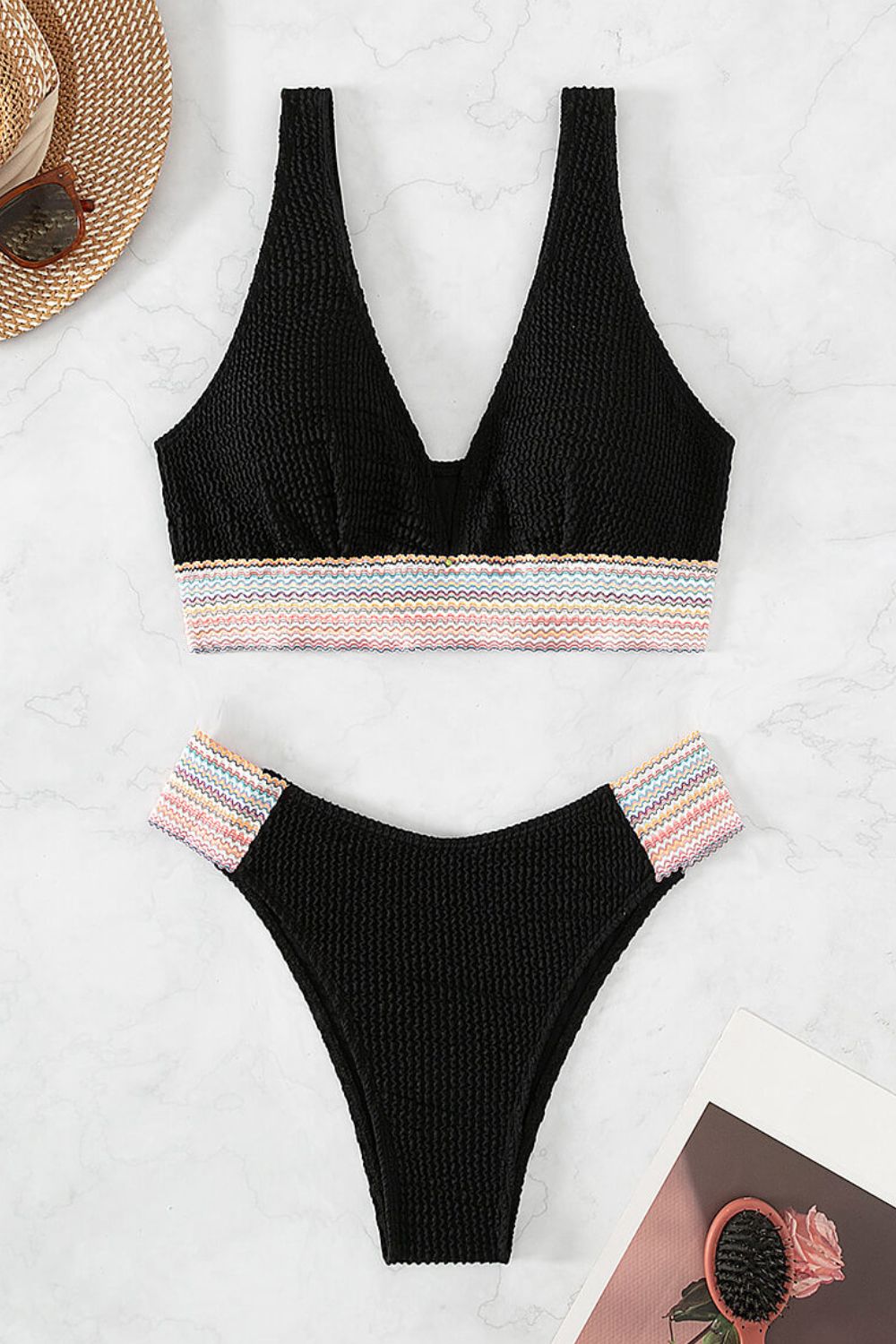 Contrast Textured High Cut Swim Set-Jewearrings