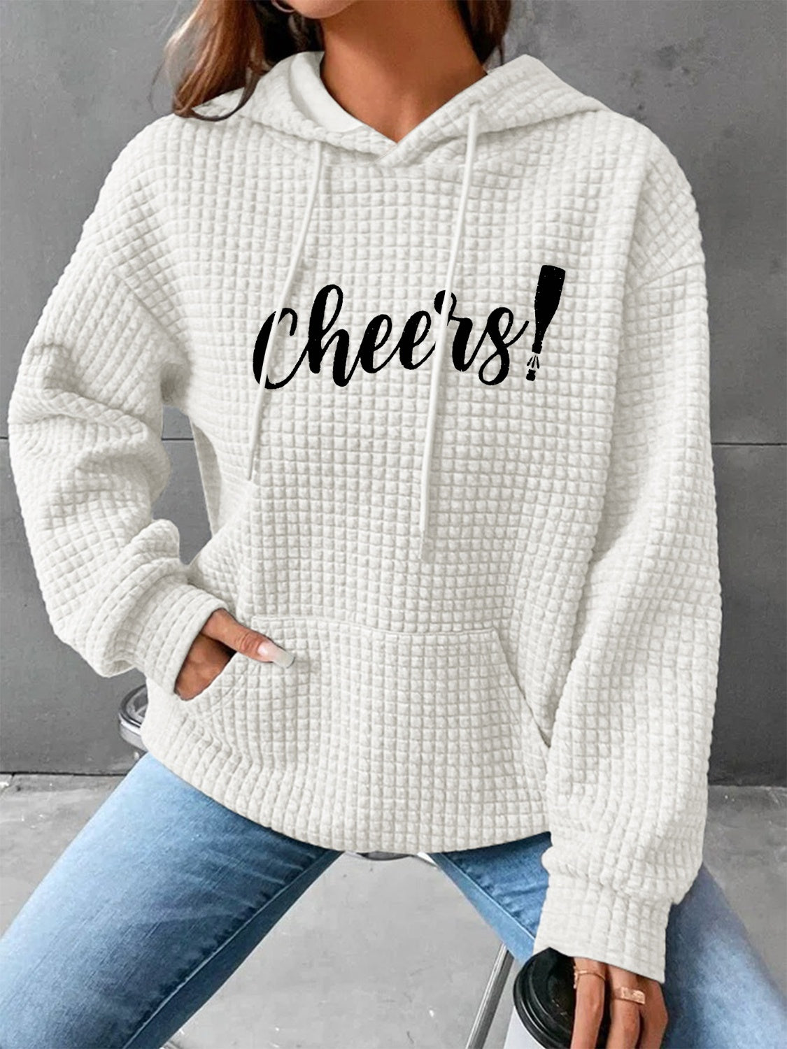 Full Size CHEERS Waffle-Knit Drawstring Hoodie-Jewearrings