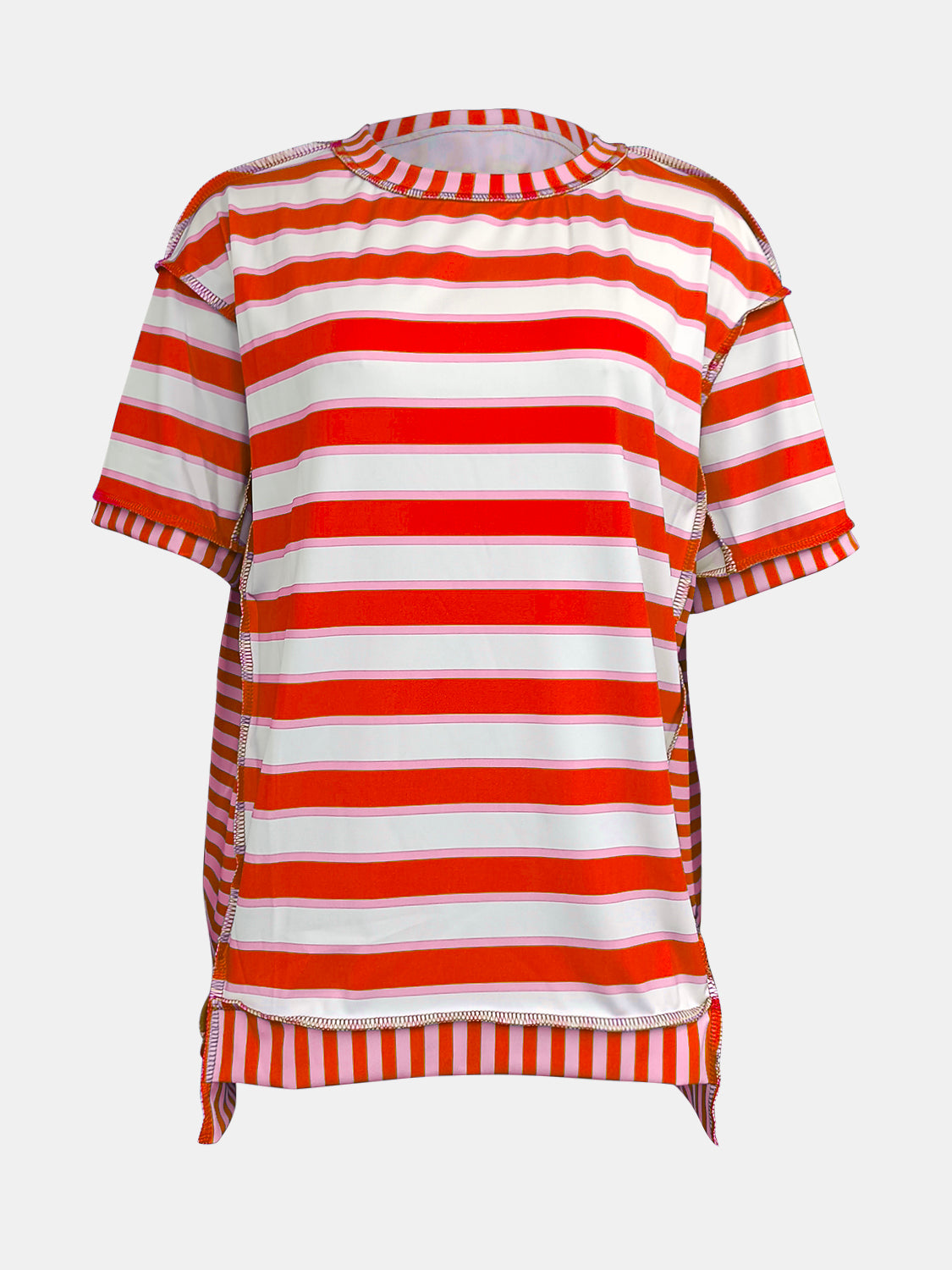 Full Size Contrast Stitching Striped Round Neck T-Shirt-Jewearrings