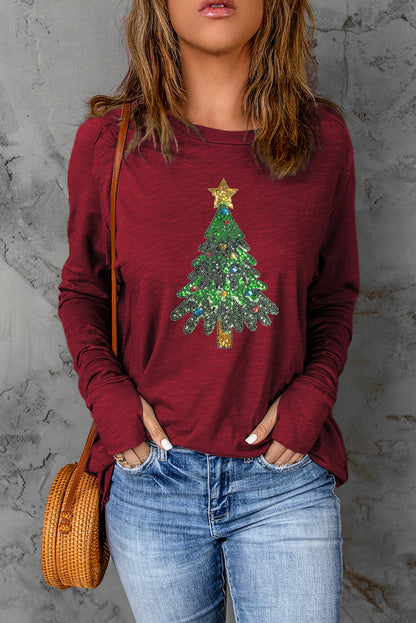 Sequin Christmas Tree Long Sleeve T-Shirt-Jewearrings