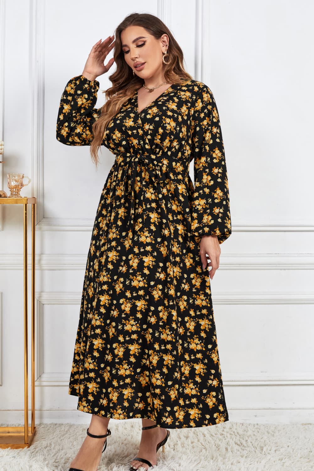 Melo Apparel Plus Size Floral Surplice Neck Long Sleeve Dress-Jewearrings