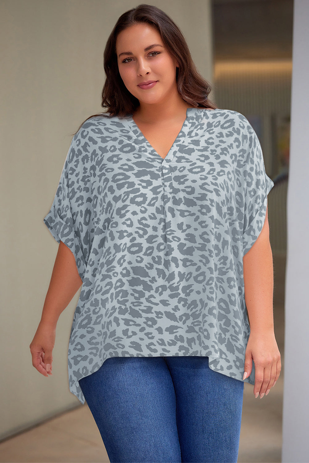 Plus Size Printed Notched Neck Half Sleeve Top-Jewearrings