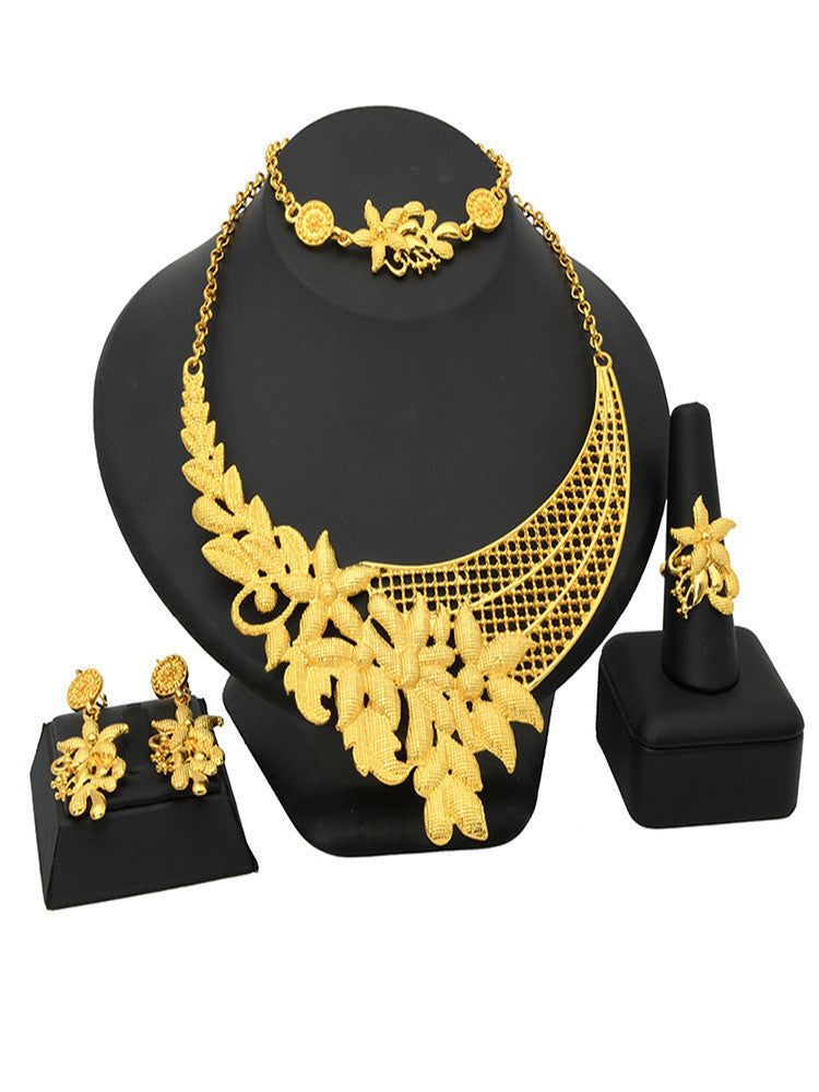 Women Gold Plated Necklace Earrings Ring Bracelet-Jewearrings