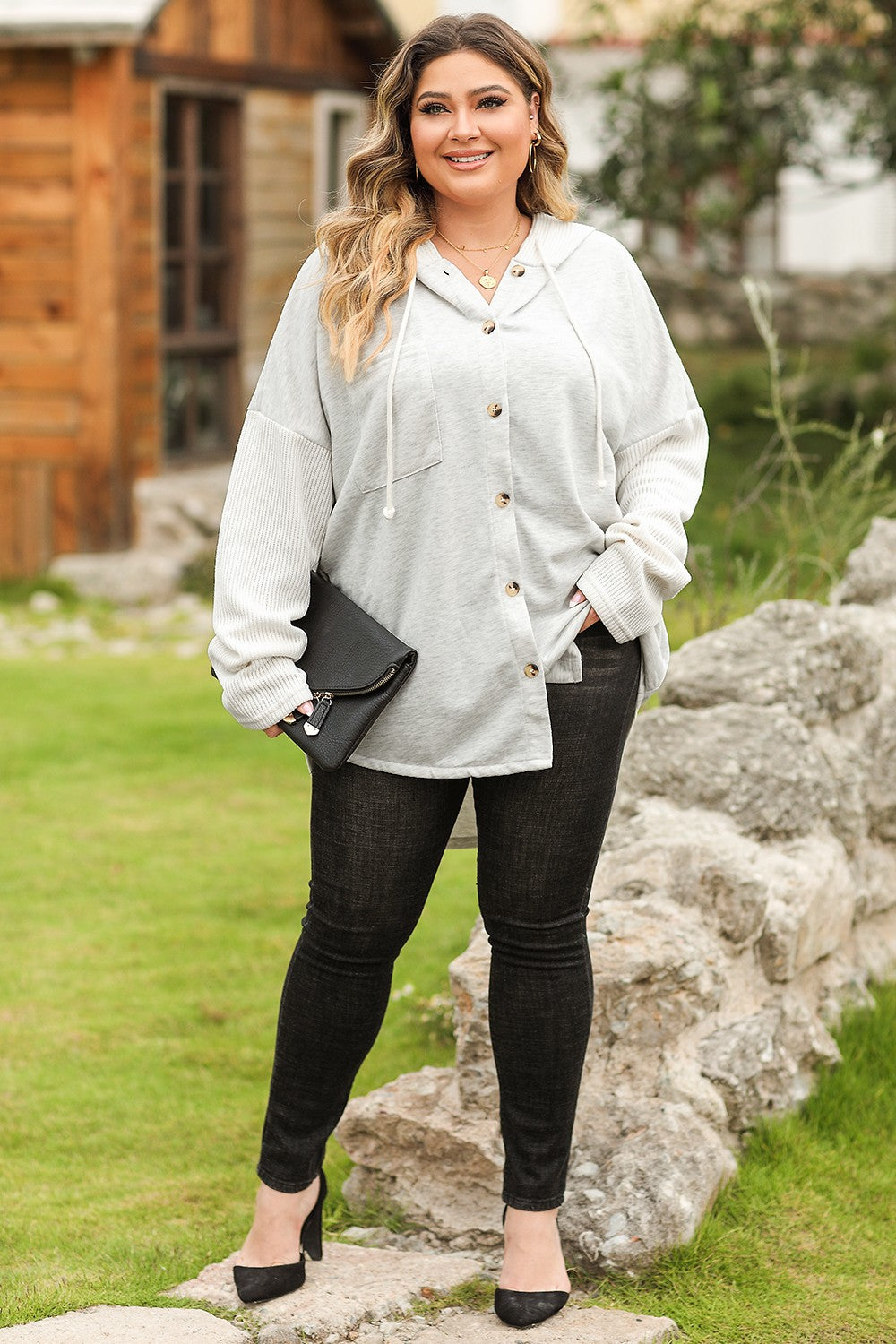 Plus Size Button Up Drawstring Long Sleeve Hoodie-Jewearrings