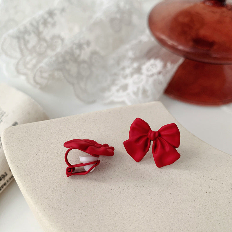 Wine Red Love Baking Varnish Bow Silver Needle Earrings-Jewearrings