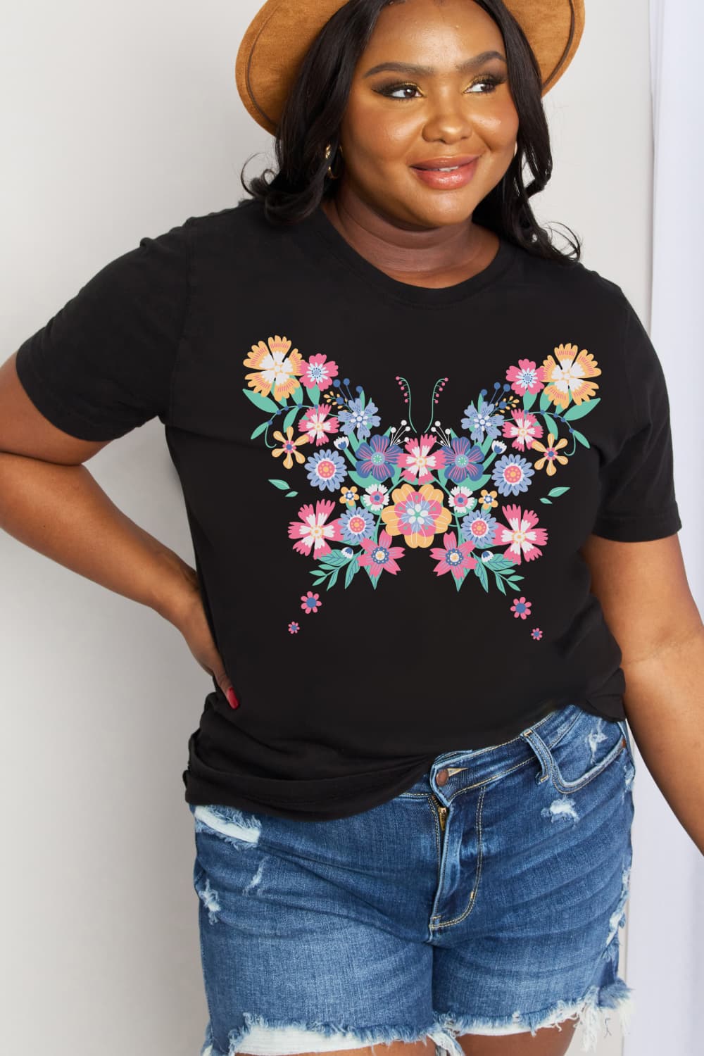 Simply Love Simply Love Full Size Flower Butterfly Graphic Cotton Tee-Jewearrings