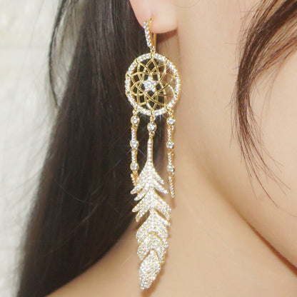 Sterling Silver Earrings Set With Diamonds To Catch Dream Net Feathers-Jewearrings