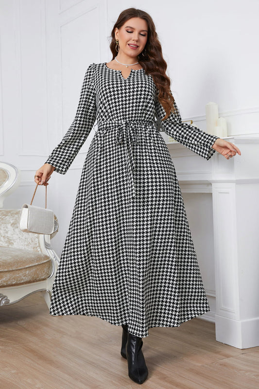 Melo Apparel Plus Size Notched Neck Houndstooth Tie Belt Maxi Dress-Jewearrings