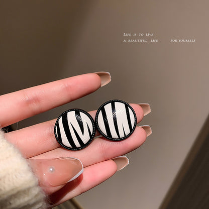 Silver Needle Geometric Black And White Contrast Color Check Stripe Stud Earrings-Jewearrings