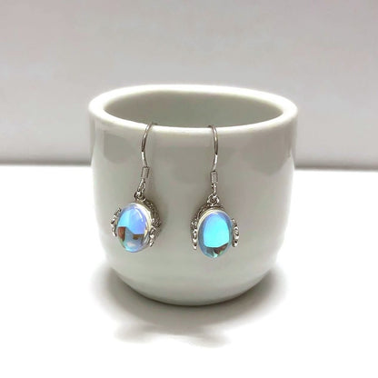 Moonstone Teardrop Earrings Oval Opal Copper Droplets Dangle Earrings-Jewearrings