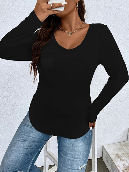 Plus Size V-Neck Long Sleeve T-Shirt-Jewearrings