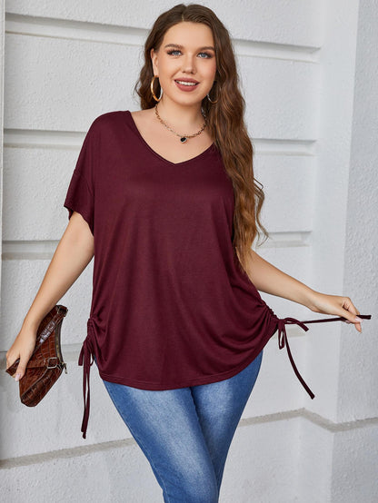 Plus Size Drawstring V-Neck Short Sleeve Blouse-Jewearrings