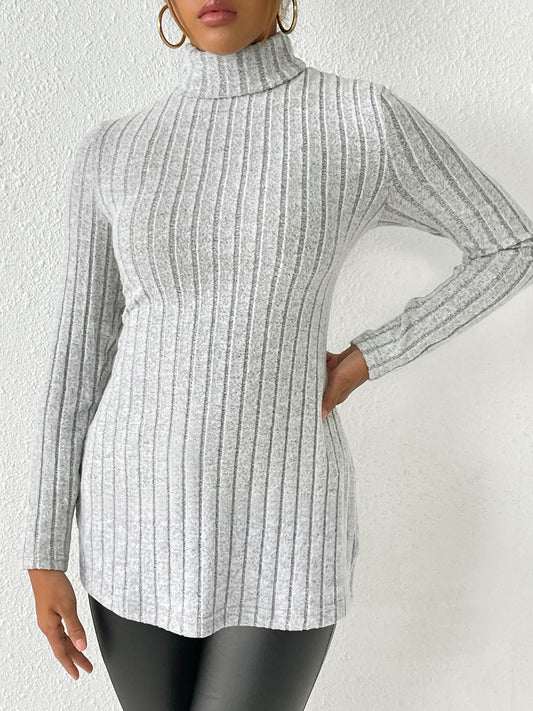 Ribbed Turtleneck Long Sleeve Slit T-Shirt-Jewearrings