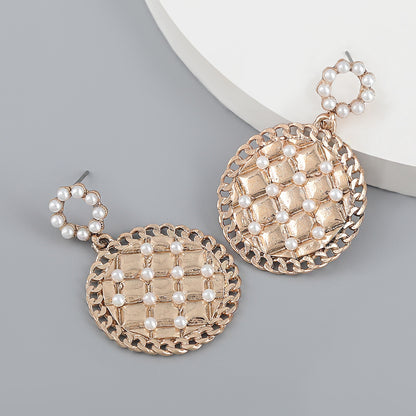 New Mesh Alloy Inlaid Pearl Round Earrings Female Trend-Jewearrings