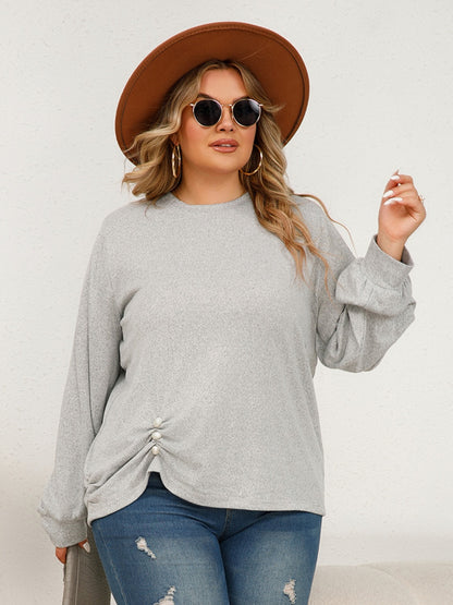 Plus Size Round Neck Ruched Long Sleeve Top-Jewearrings