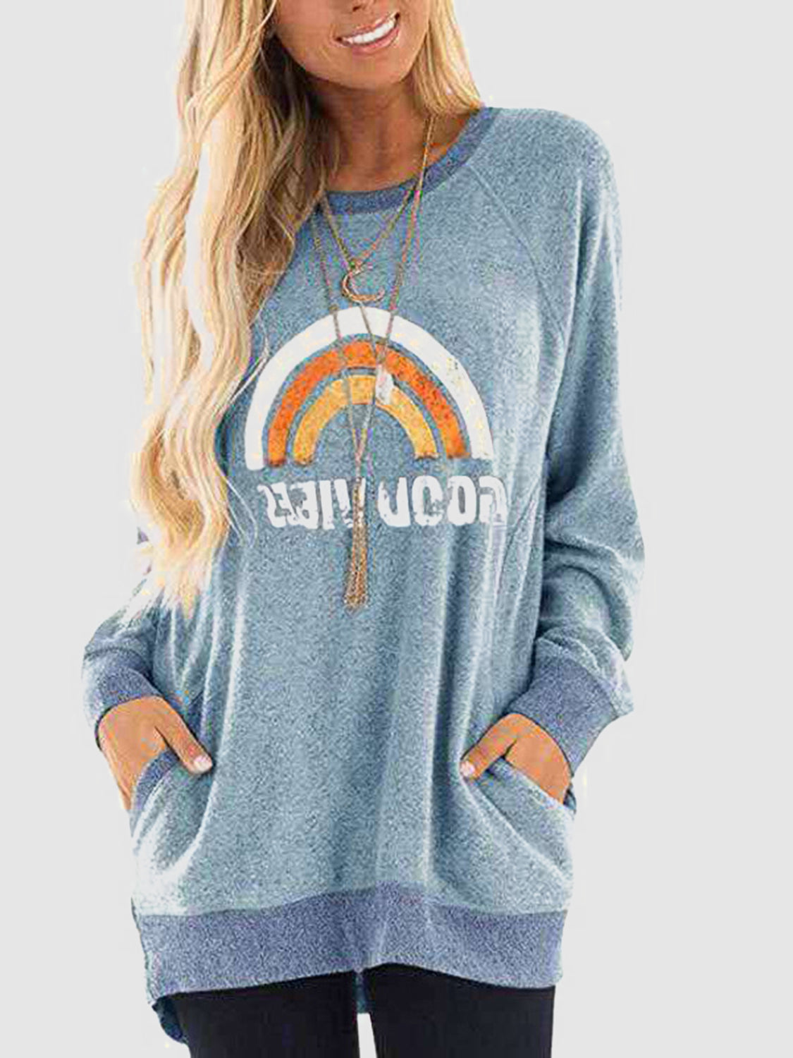 Rainbow Graphic Round Neck Sweatshirt with Pockets-Jewearrings