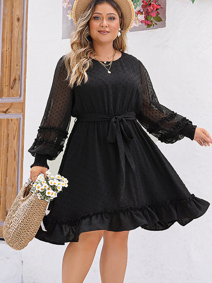 Plus Size Swiss Dot Round Neck Long Sleeve Dress-Jewearrings