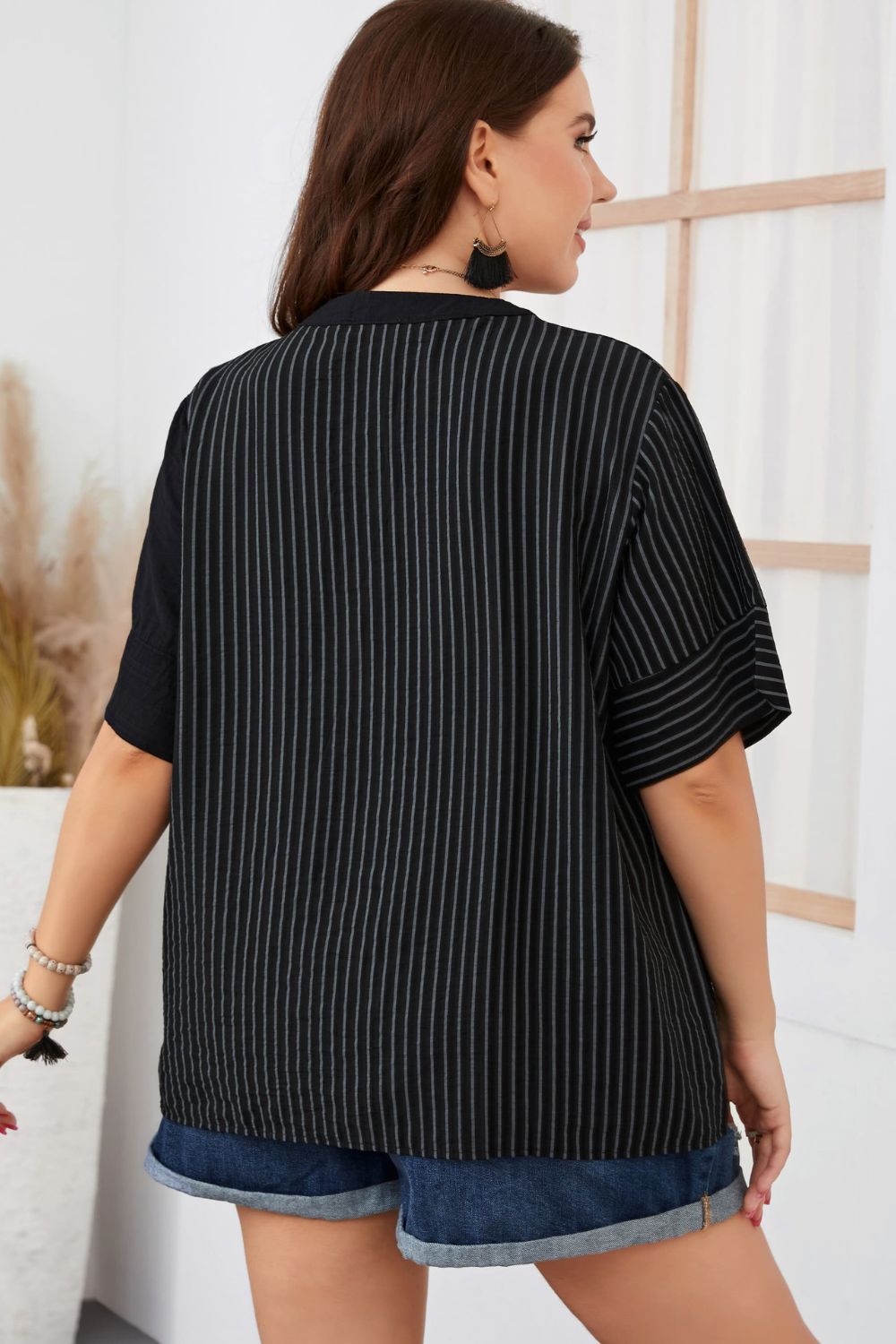 Plus Size Striped Notched Neck Half Sleeve Top-Jewearrings