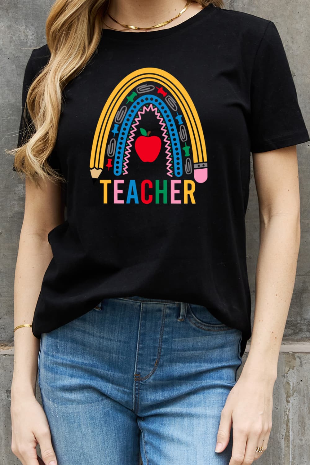 Simply Love Full Size TEACHER Rainbow Graphic Cotton Tee-Jewearrings