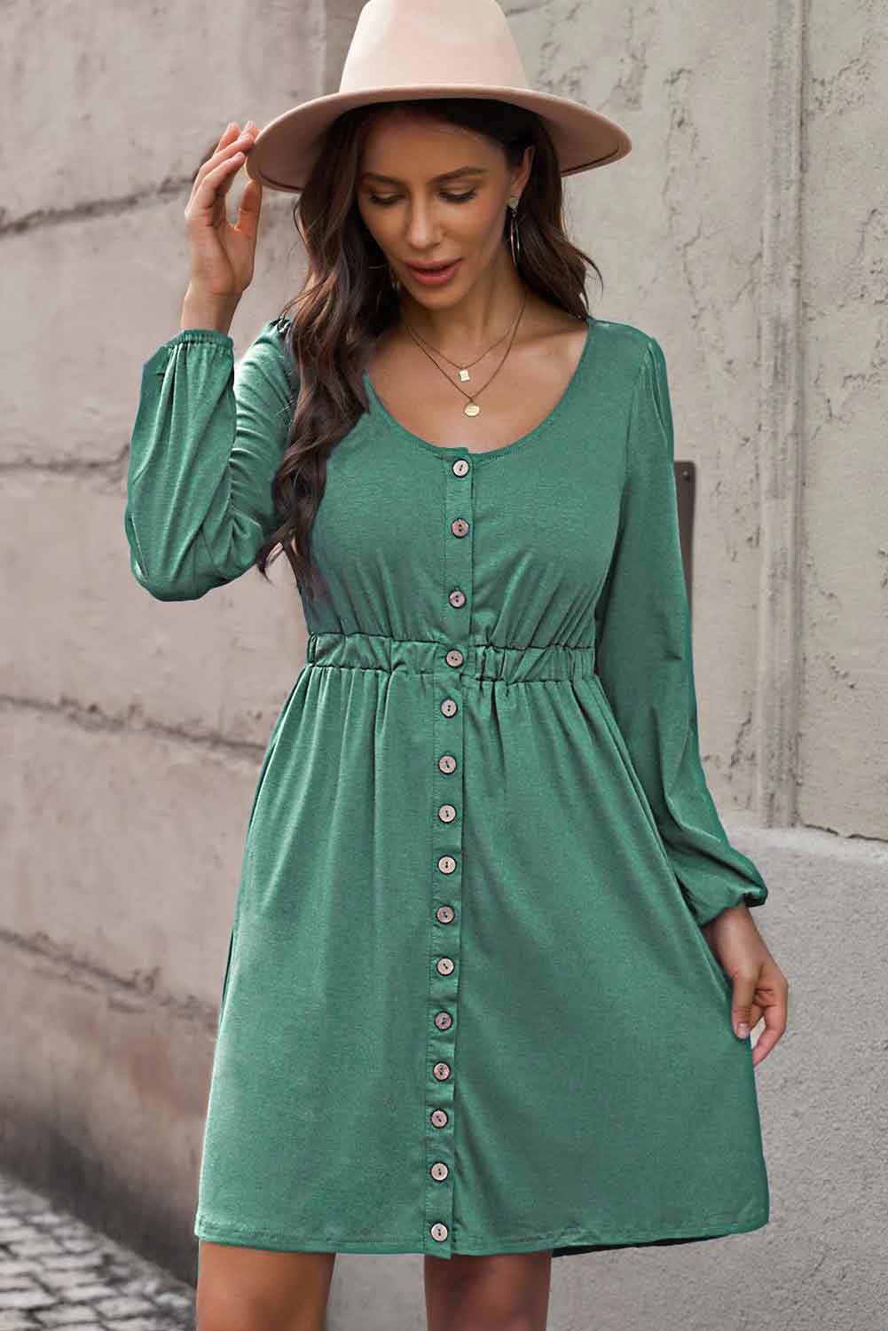 Plus Size Button Front Elastic Waist Long Sleeve Dress-Jewearrings