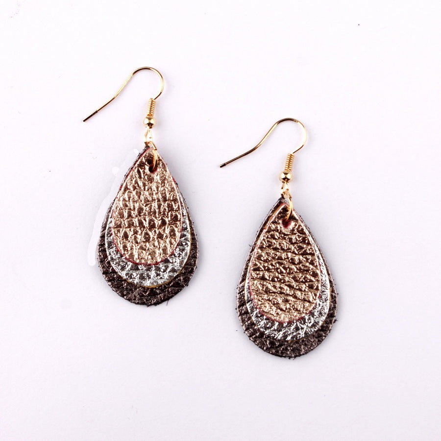 Three Layered Glitter Pride Litchi Print PU Leather Teardrop Earrings Rose Gold Multi-layer Leather Hook Earrings Brincos-Jewearrings