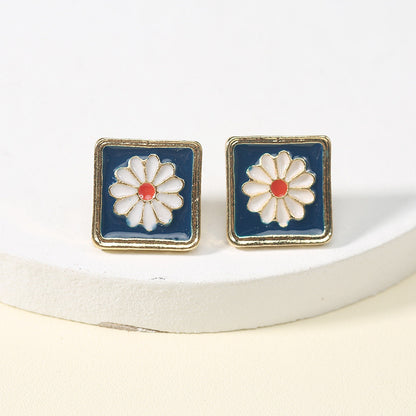 925 Silver Needle Square Alloy Drop Oil Petal Earrings-Jewearrings