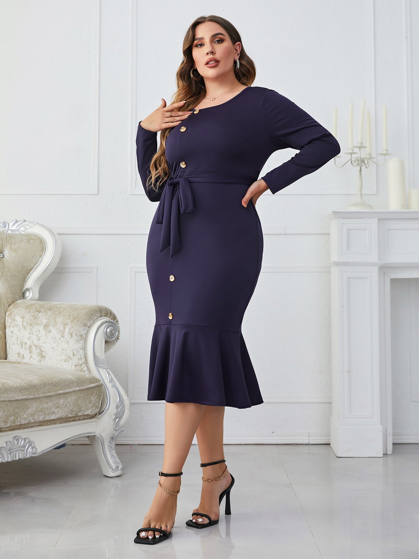 Melo Apparel Plus Size Buttoned Round Neck Tie Belt Midi Dress-Jewearrings