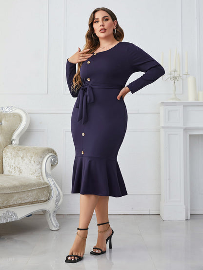 Melo Apparel Plus Size Buttoned Round Neck Tie Belt Midi Dress-Jewearrings