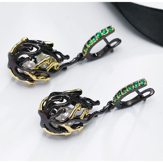 Women's Personalized Black Gold-plated Party Earrings With Green Zircon-Jewearrings