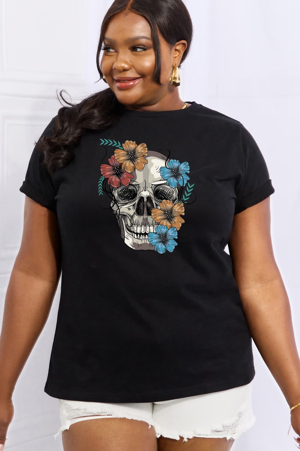 Simply Love Full Size Flower Skull Graphic Cotton Tee-Jewearrings