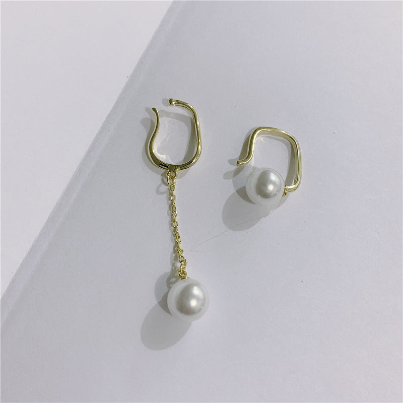 Non-pierced Female Pearl Tassel Asymmetric Stud Earrings-Jewearrings