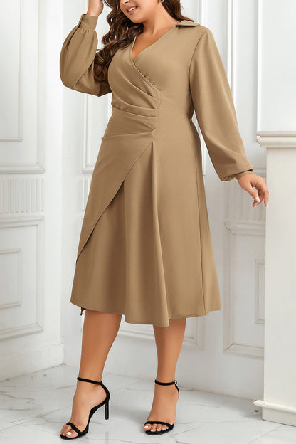 Plus Size Surplice Neck Long Sleeve Dress-Jewearrings