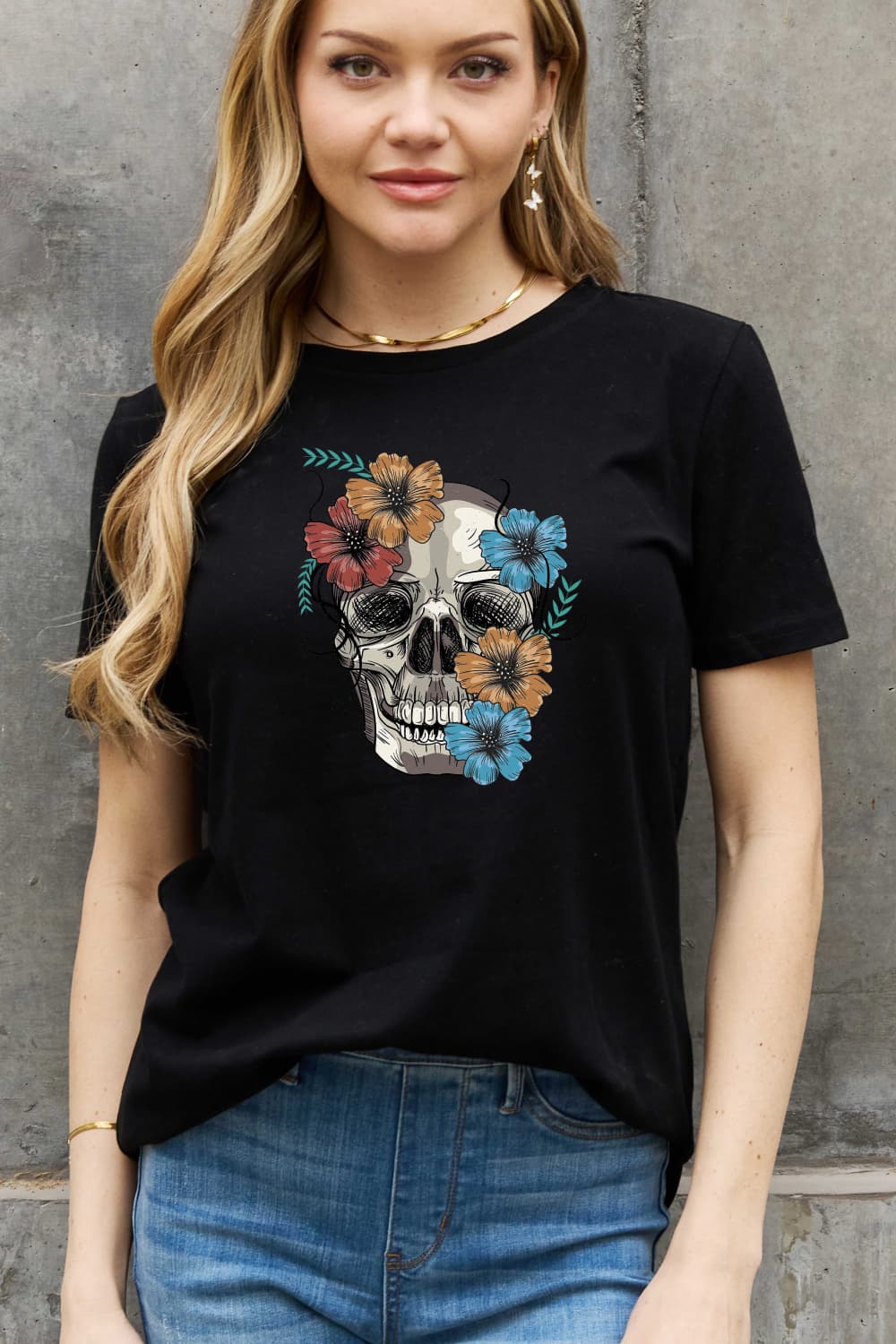 Simply Love Full Size Flower Skull Graphic Cotton Tee-Jewearrings