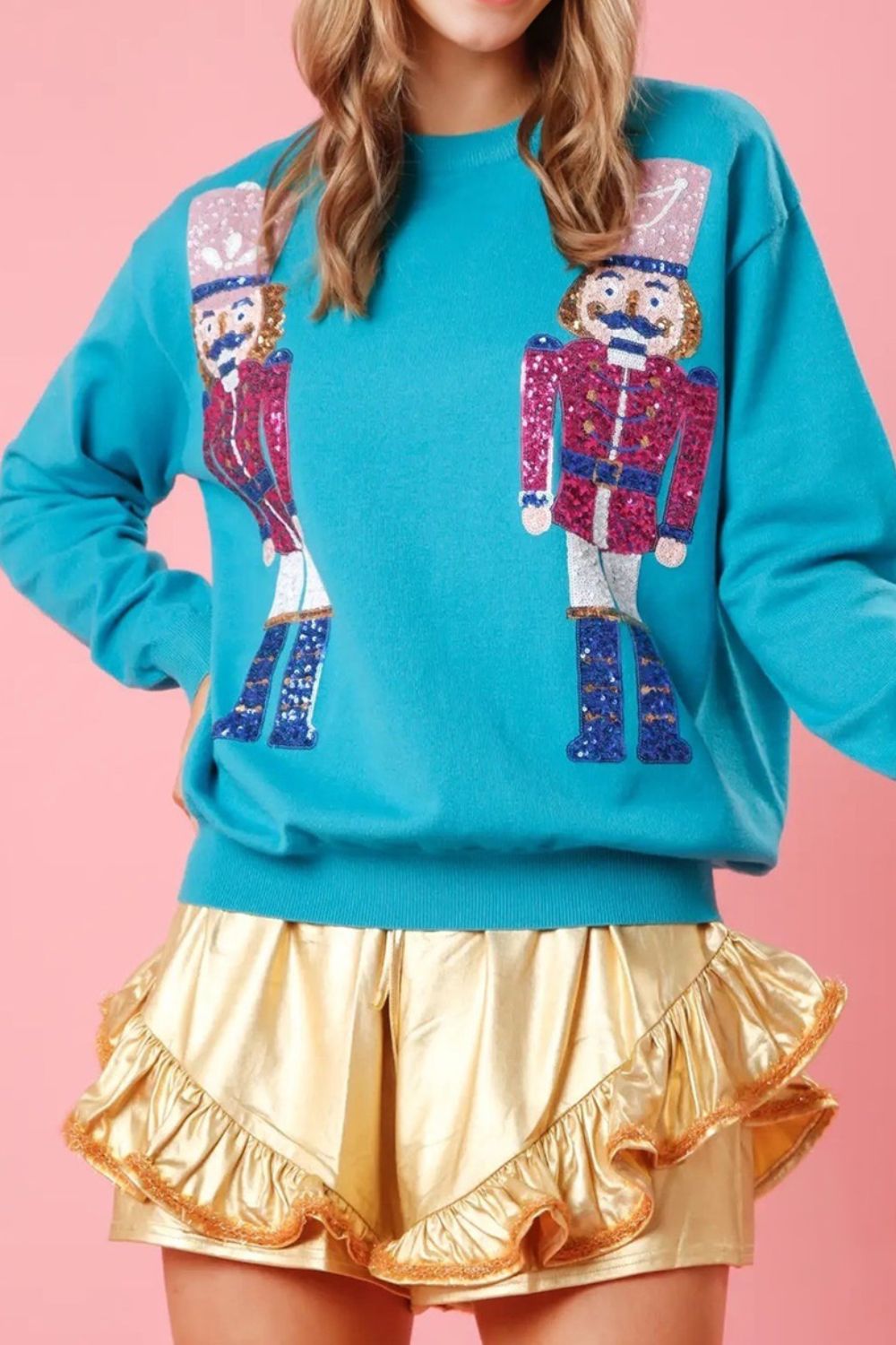 Nutcracker Sequin Round Neck Dropped Shoulder Sweatshirt-Jewearrings