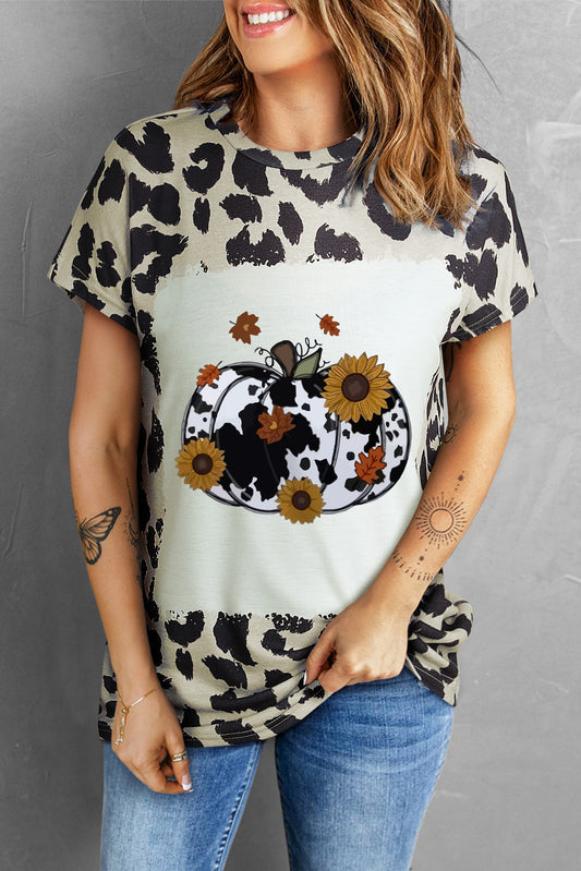 Leopard Print Round Neck Pumpkin Graphic Tee-Jewearrings