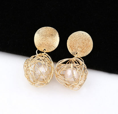 Vintage Geometric Earrings Simple Woven Ball Pearl Stud Earrings-Jewearrings