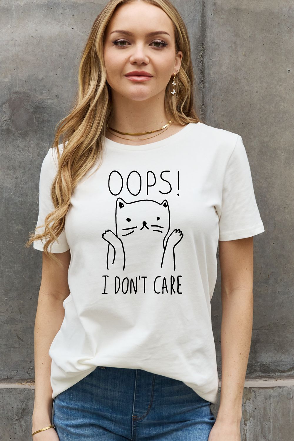 Simply Love Full Size OOPS I DON’T CARE Graphic Cotton Tee-Jewearrings