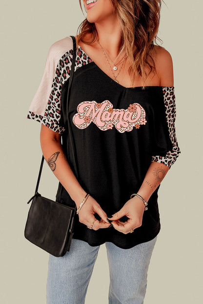 MAMA Graphic Leopard V-Neck Tee Shirt-Jewearrings