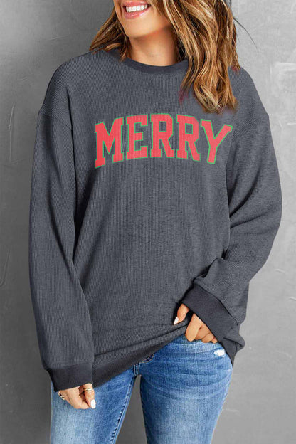 MERRY Ribbed Round Neck Long Sleeve Sweatshirt-Jewearrings