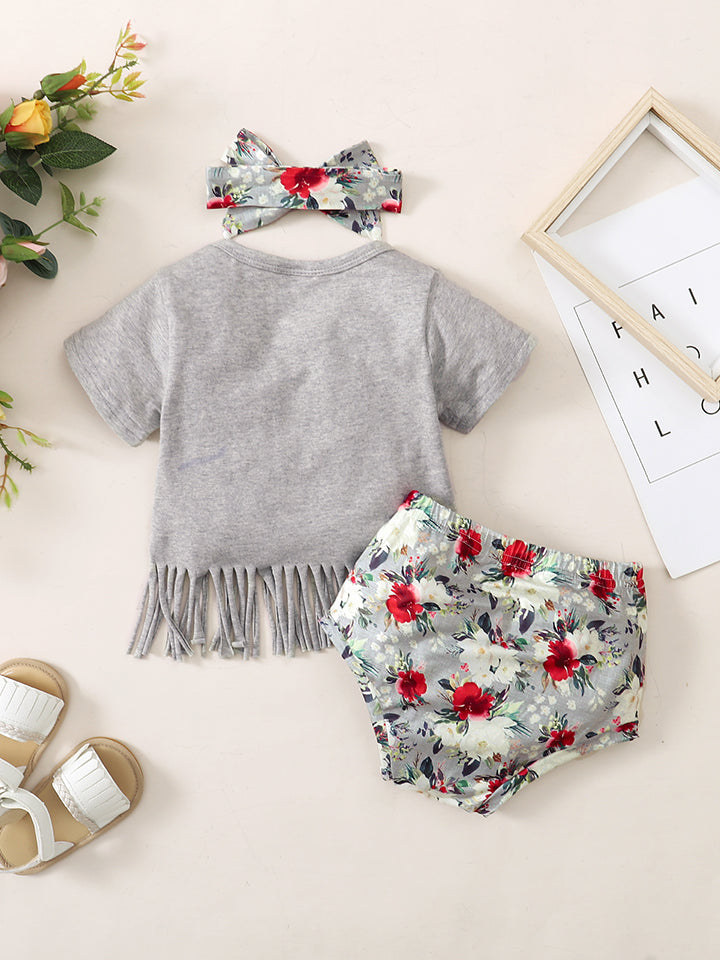 Fringe Detail SASSY Graphic T-Shirt and Floral Print Shorts Set-Jewearrings