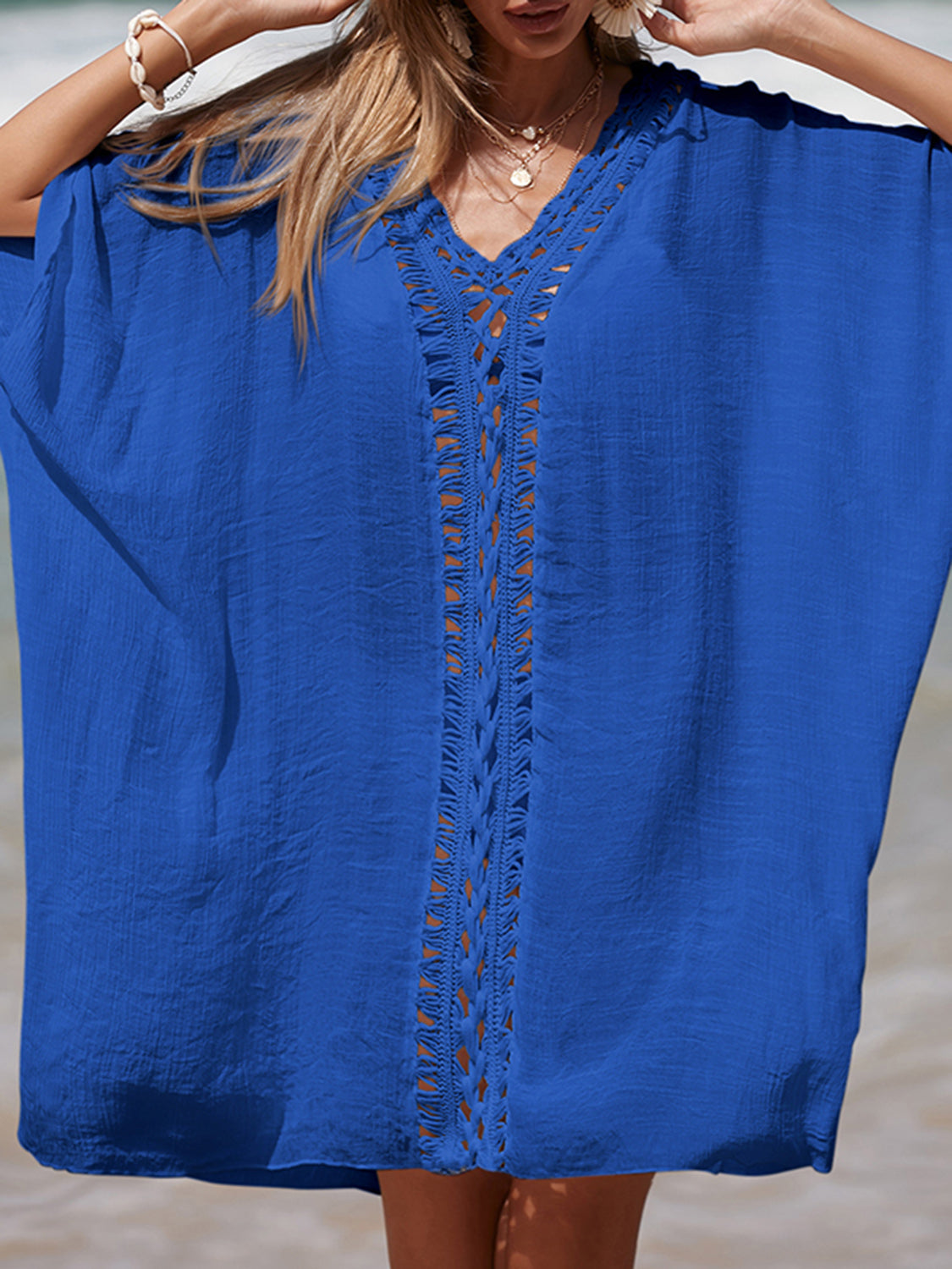 Cutout V-Neck Three-Quarter Sleeve Cover Up-Jewearrings