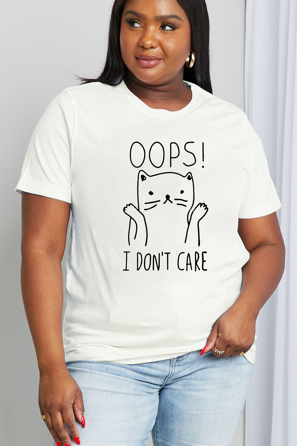 Simply Love Full Size OOPS I DON’T CARE Graphic Cotton Tee-Jewearrings